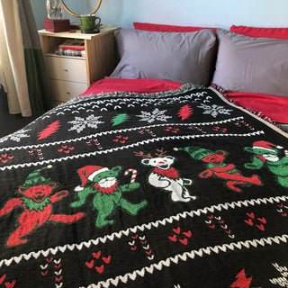 Grateful Dead Jingle Bears Ugly Christmas Sweater Woven Cotton Blanket