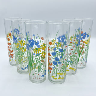 Vintage Tall Hippie Flowers Glasses Set of 6