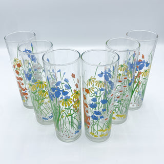 Vintage Tall Hippie Flowers Glasses Set of 6