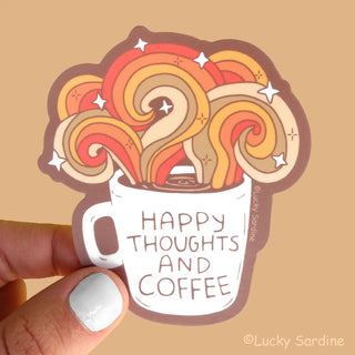 Happy Thoughts and Coffee, Retro Rainbow Vinyl Sticker