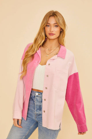 Pink Color Block Button Up Shacket