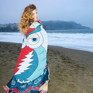Black Grateful Dead Owl Woven Cotton Blanket | Little Hippie
