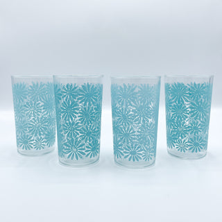 Vintage 1960's Mid-Century Glassware Turquoise Blue Flowers Set of 4
